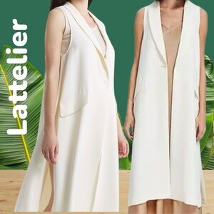Lattelier Waistcoat Long Flared Vest Ivory Deep/V Tailoring Pleated/Back Sz S